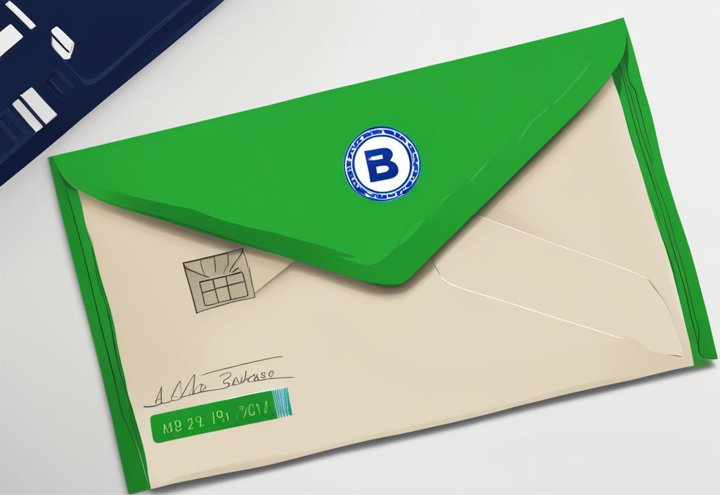 Moderner digitaler Malerei-Illustration in Grün, zeigt einen Umschlag mit BKK Deutsche Bank Logo und der BKK Deutsche Bank Postanschrift.