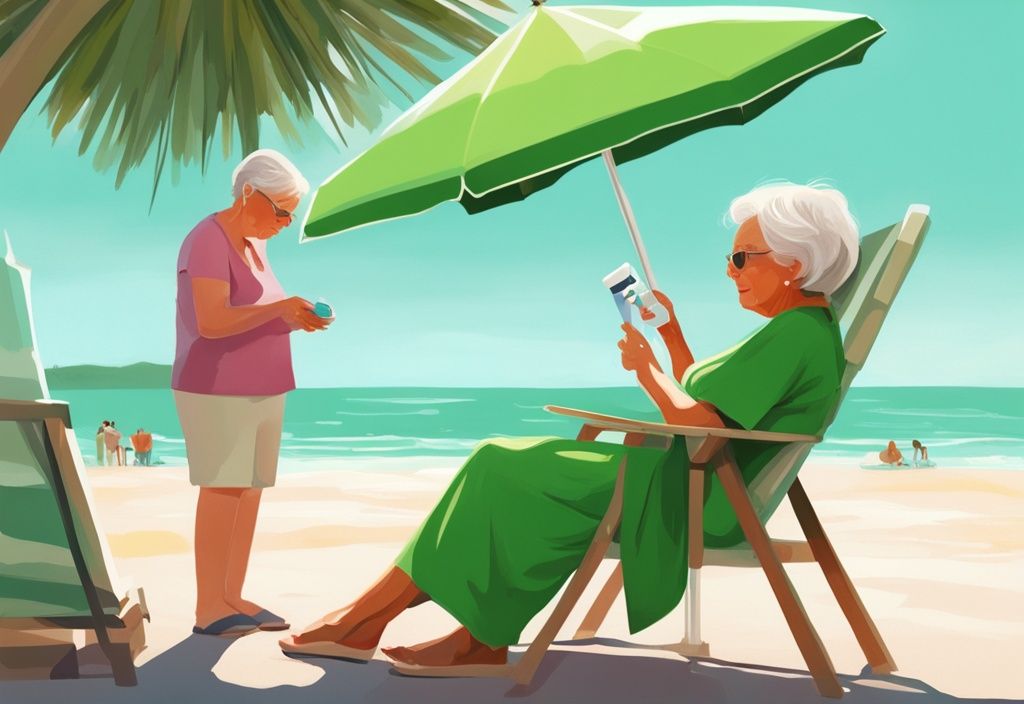 Moderne digitale Malerei: Eine Pflegekraft trägt sanft Sonnencreme auf das Gesicht einer entspannten älteren Frau auf, beide sitzen unter einem Strandsonnenschirm. sunacare