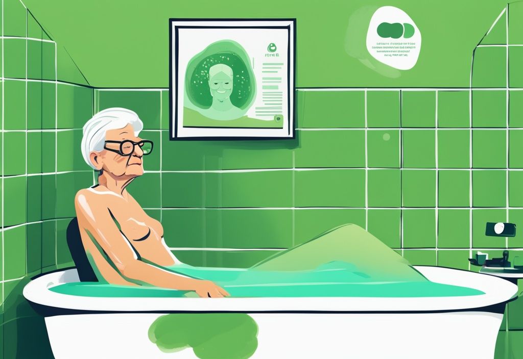 Ältere Person entspannt in einer modernen digitalen Illustration in einer Badewanne, mit einem Krankenkassen-Broschüre auf einem kleinen Tisch daneben. Hauptfarbthema grün. seniorenbadewanne krankenkasse