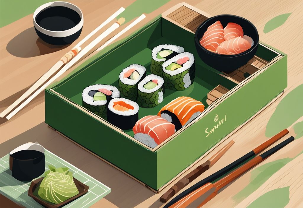 Moderne digitale Malerei mit grünem Farbschema, eleganter Sanubi-Box mit bunten Sushi-Rollen und Sashimi auf minimalistischem Holztisch