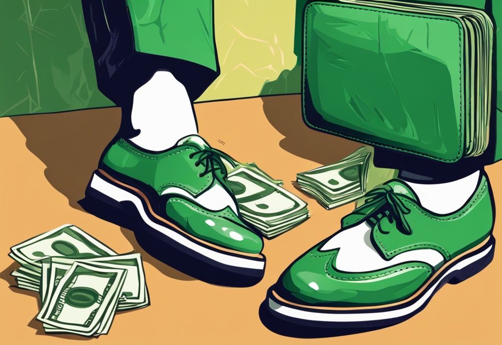 Moderne digitale Illustration in Grüntönen mit Schuhen mit Schuherhöhung selbst bezahlen und einem mit Bargeld gefüllten Portemonnaie, das die Investition in sich selbst symbolisiert.