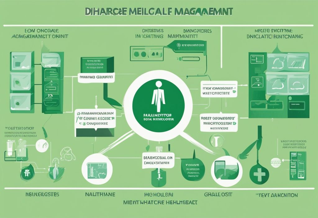 Moderne digitale Illustration eines vereinfachten Flussdiagramms, das die Schritte des Entlassungsmanagements in einer Gesundheitseinrichtung zeigt, Hauptfarbe grün, entlassungsmanagement einfach erklärt.