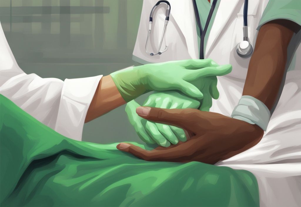 Moderne digitale Illustration eines medizinischen Fachpersonals, das die Hand eines Patienten hält, symbolisiert unterstützende Pflege, Hauptfarbthema grün.