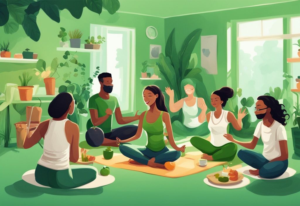 Moderne digitale Illustration mit grünem Farbschema, die eine diverse Gruppe von Menschen zeigt, die sich glücklich an Aktivitäten wie Yoga, gesunder Ernährung, Impfungen und regelmäßigen Untersuchungen beteiligen, was präventive Pflege symbolisiert.