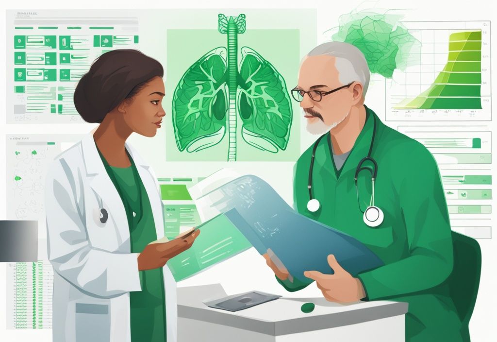 Medizinischer Fachmann bespricht Pflegestufen mit Patient mit Lungenfibrose, illustriert durch Diagramme und Charts, digital grün dominiert.