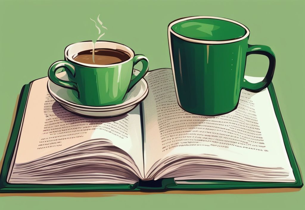 Moderne digitale Illustration mit grünem Farbschema: Vintage-Buch auf Holztisch, Seite pg 14 fokussiert, mit Brille und Kaffeetasse.