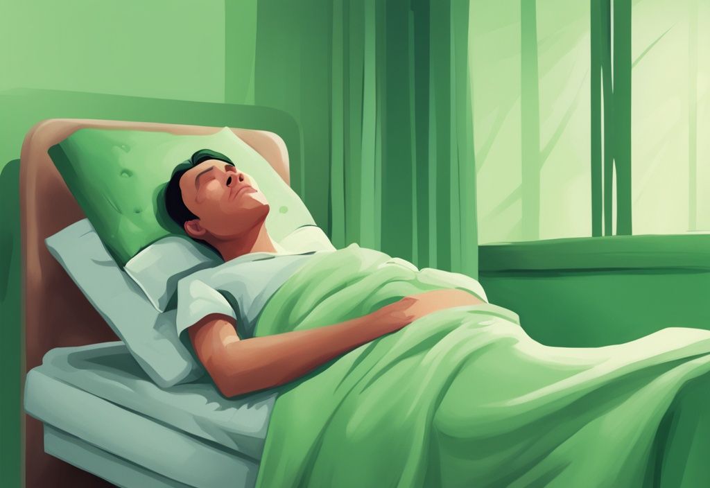 Moderne digitale Illustration eines Patienten im Bett auf der Seite liegend, unterstützt von einer Lagerungsrolle zur Vermeidung von Dekubitus.