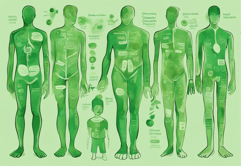 Moderne digitale Malerei mit grünem Farbthema, die verschiedene Arten von Stomata mit Beschriftungen auf einem menschlichen Körperumriss zur besseren Verständlichkeit darstellt.