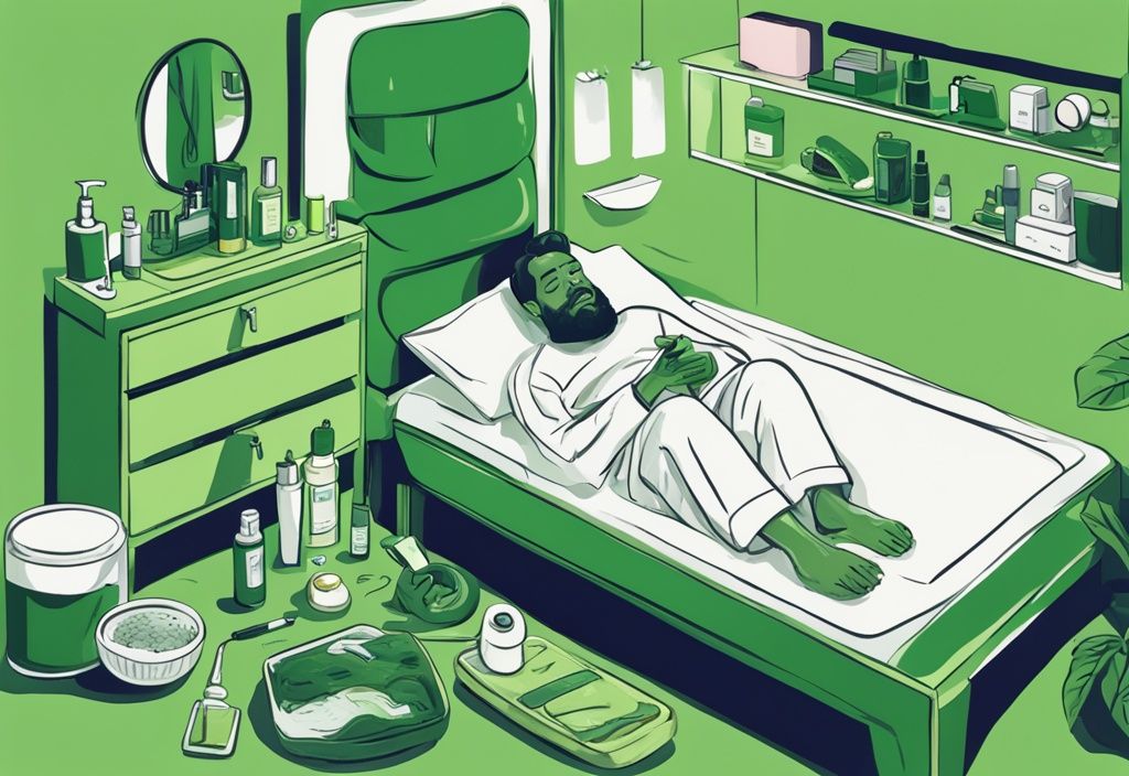 Moderner digitaler Gemälde-Illustration eines Mannes, der bequem im Bett liegt, mit einem Tablett mit Intimpflegeartikeln wie Rasierer, Lotion und Gesichtsreiniger; intimpflege mann im bett.